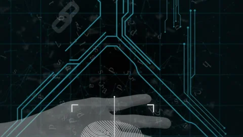 Animation of computer circuit board elements and biometric fingerprint with data Stock Footage 312283949