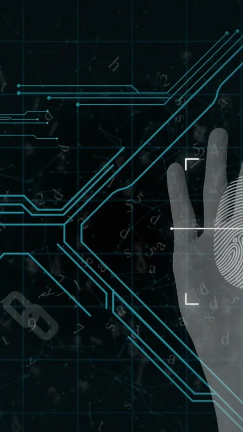 Animation of computer circuit board elements and biometric fingerprint with data Vídeos de archivo 331649632