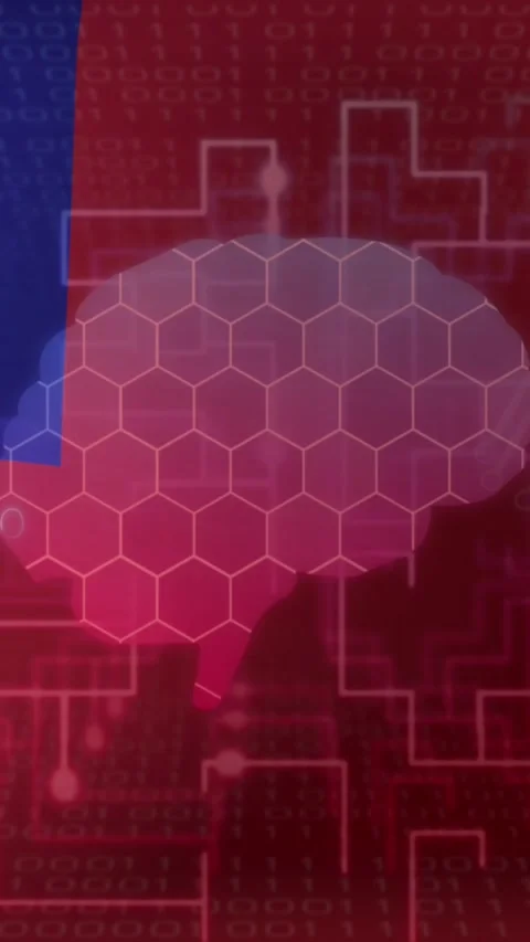 Animation of computer circuit board with human brain, data processing and flag Stock Footage 343609090
