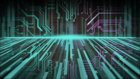 Animation of computer circuit board over blue stripes on black background Stock Footage 307896277