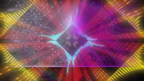 Animation of computer circuit board over neon shapes on black background Stock Footage 326036455
