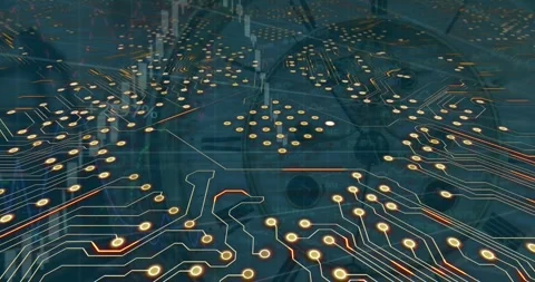 Animation of computer circuit board over data processing and clock Stock Footage 327125488