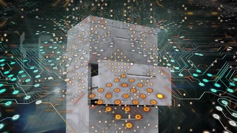 Animation of computer circuit board over network of connections and locker on Stock Footage 327782908