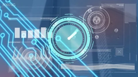 Animation of computer circuit board over moving clock and data processing Stock Footage 328931493