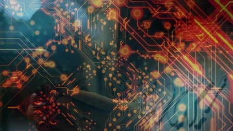 Animation of computer circuit board over girl using tablet Stock Footage 330586429