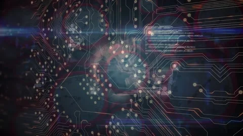 Animation of computer circuit board over data processing with globe and moving Stock Footage 330590841