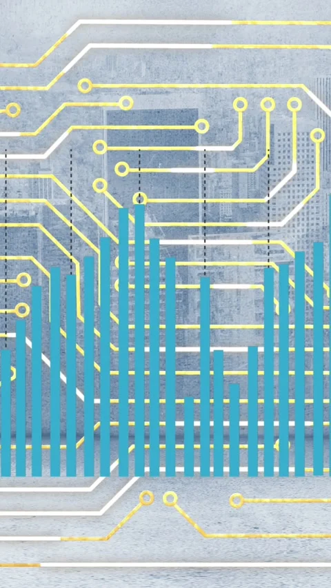 Animation of computer circuit board over cityscape Stock Footage 343615129