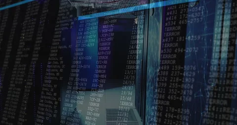 Animation of computer code and error messages over server racks in data center 動画素材 303430963