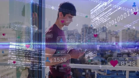 Animation of computer code and social media reactions over caucasian man using Stock Footage 329372024