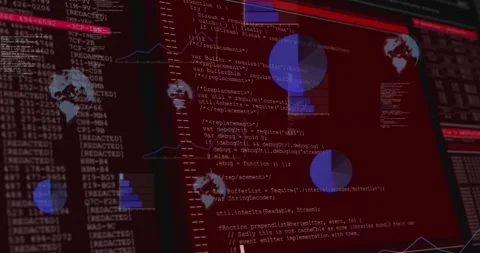 Animation of computer code with data visualization graphs on red background Stock Footage 327127888