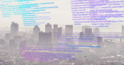 Animation of computer code overlaying city skyline, blending technology and 스톡 동영상 304855129