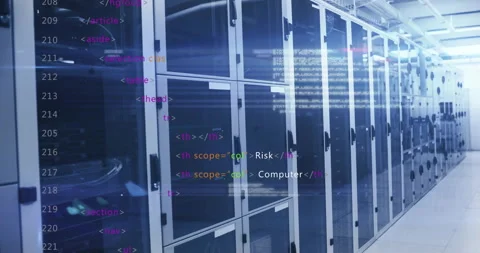 Animation of computer code overlaying server racks in data center environment Stock Footage 304840610