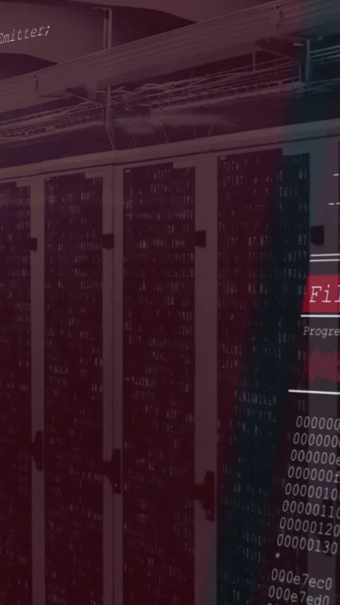 Animation of computer code overlaying server racks in data center Stock Footage 319810955