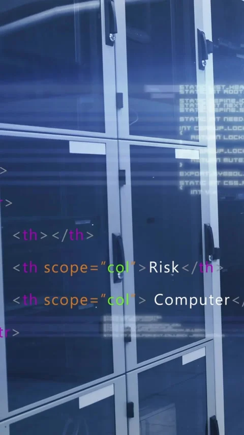 Animation of computer code overlaying server racks in data center environment Stock Footage 344404291