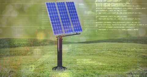Animation of computer data and graph over solar panel and green landscape 스톡 동영상 326190390