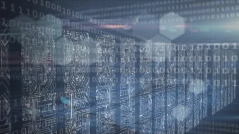 Animation of computer data processing and binary coding over computer servers in Stock Footage 328414525
