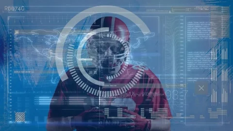 Animation of computer data processing over american football player Vídeos de archivo 327447439