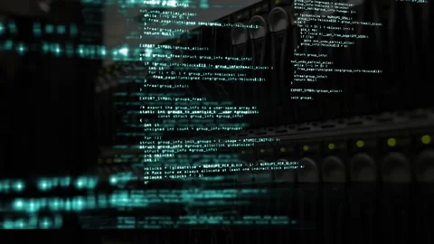 Animation of computer data processing over computer server in background Stock Footage 329124574