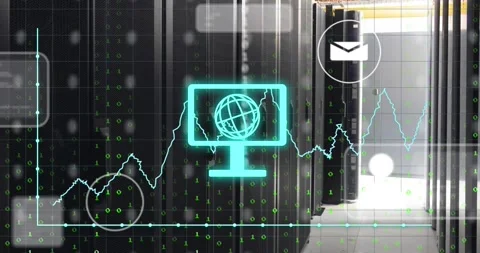 Animation of computer with globe, binary codes, graphs, social media icons over Stock Footage 249252601