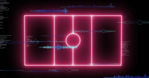 Animation of computer graphic 3d neon soccer field over data processing on Stock Footage 316039882