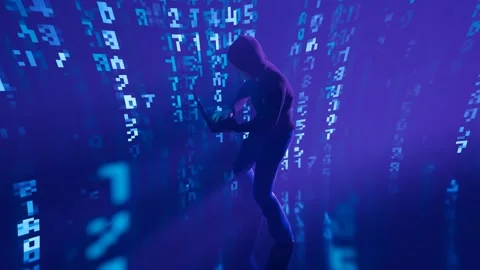 Animation with computer hacker on a blue binary code background Cyber thief Video stock 201174902