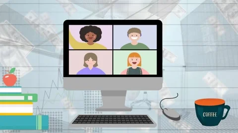 Animation of computer icon and dollar bills over empty office Stock Footage 328461413