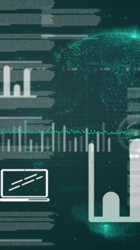 Animation of computer icons and programming language moving over globe Stock Footage 319416091