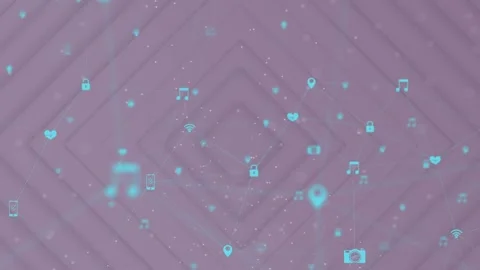 Animation of computer icons connected with lines over purple rhombuses in Stock Footage 326627367