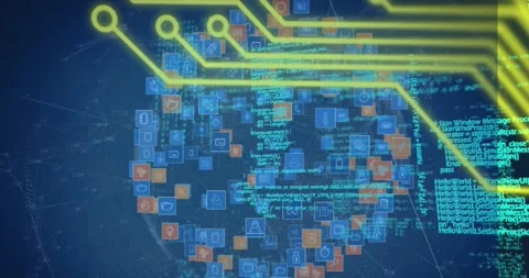 Animation of computer icons over data processing Vídeos de archivo 327586473