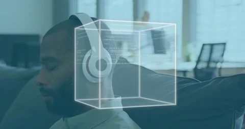 Animation of computer language in 3d cube, african american man closing eyes and Stock Footage 251290718