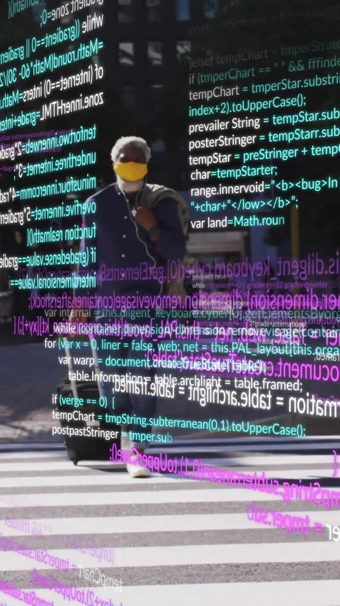 Animation of computer language, african american man wearing mask with trolley Stock Footage 320182951
