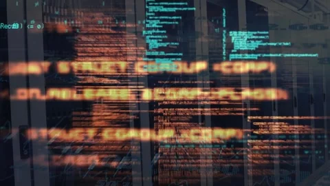 Animation of computer language against server room in background Stock Footage 328466685