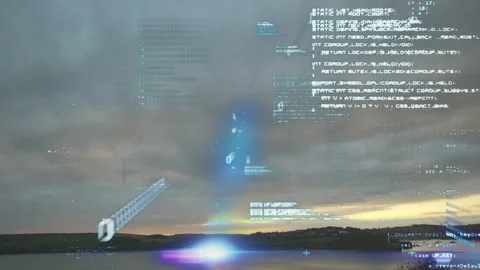 Animation of computer language and abstract patterns moving against cloudscape Stock Footage 329774922