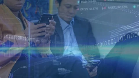 Animation of computer language and binary codes over multiracial coworkers using Stock Footage 202635098