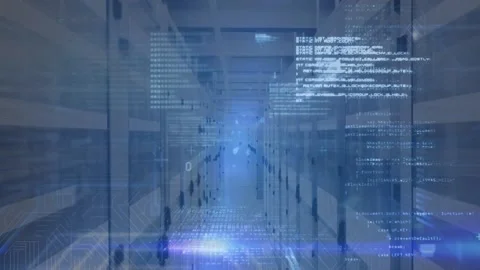 Animation of computer language and binary codes over lens flares against server Stock Footage 239435179