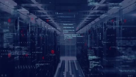 Animation of computer language and binary codes over bars on data server racks Stock Footage 248206881