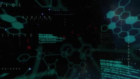 Animation of computer language and binary codes with molecule structures over Video stock 249324433