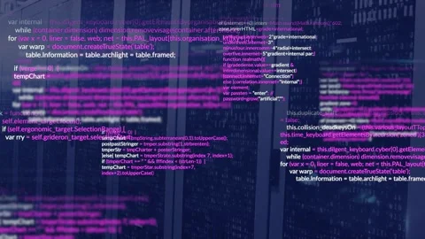 Animation of computer language and binary codes over data server racks in server Stock Footage 250314428