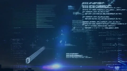 Animation of computer language and binary codes moving on black background 動画素材 257204835