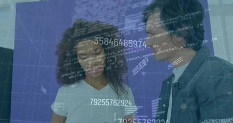 Animation of computer language and changing numbers, diverse coworkers Stock Footage 327783565