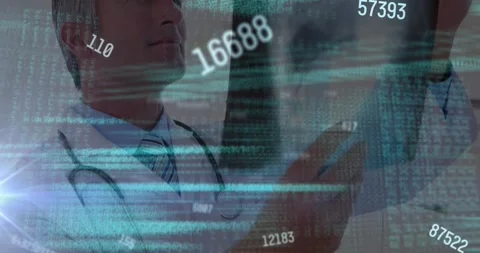 Animation of computer language and changing numbers over caucasian doctor Stock Footage 330771800