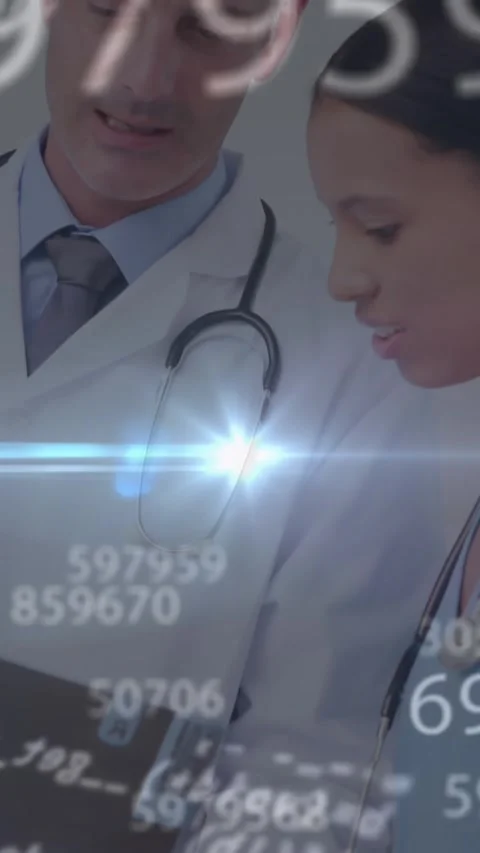 Animation of computer language and changing numbers, diverse doctors analyzing Stock Footage 344595668