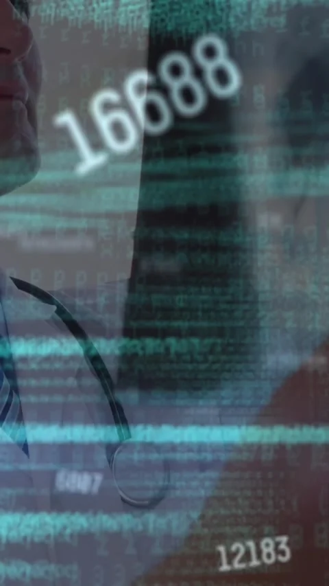Animation of computer language and changing numbers over caucasian doctor Stock Footage 344614379
