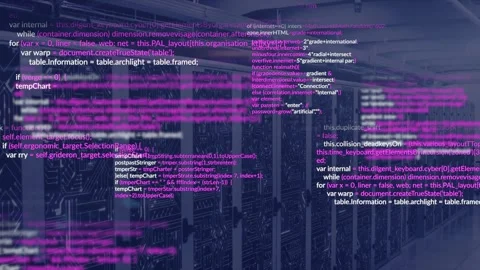 Animation of computer language and circuit board pattern over data server racks Stock Footage 250314460