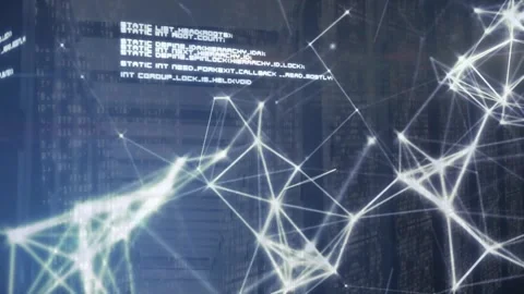 Animation of computer language and connected dots over binary codes on server Stock Footage 246530635