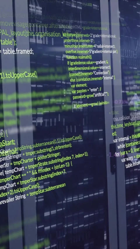 Animation of computer language and connected arrow over data server systems in Video stock 323577909