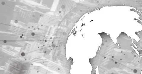 Animation of computer language and dots over globe against modern city in Stock Footage 244699329