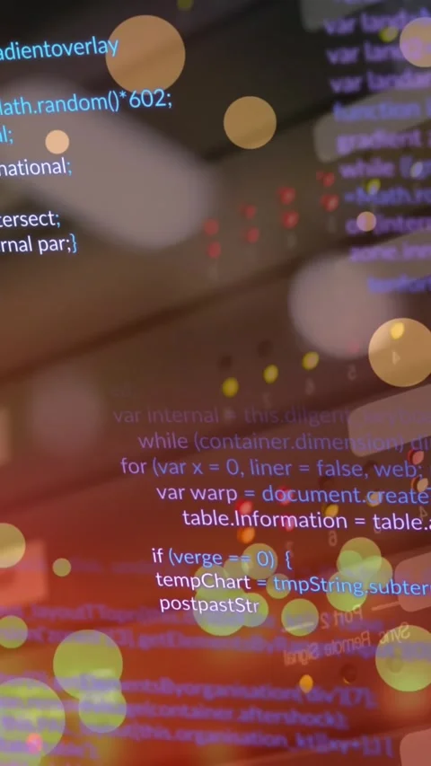 Animation of computer language and falling lens flares over multiple modems in Stock Footage 321039537