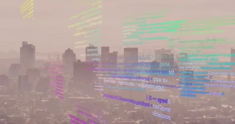 Animation of computer language and grid pattern over aerial view of modern city Stock Footage 248970778