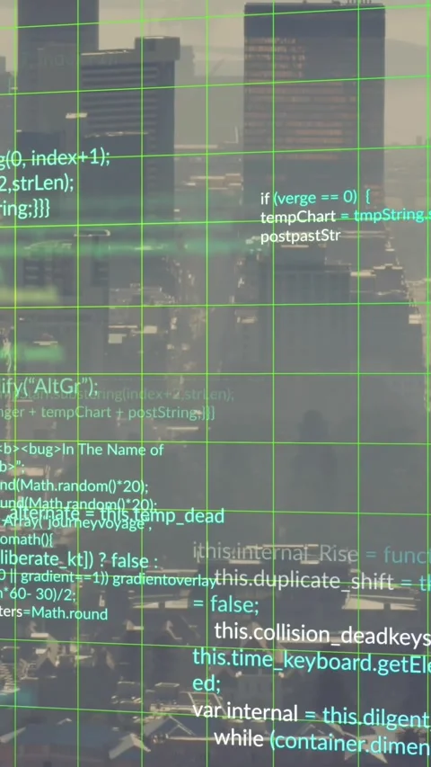 Animation of computer language and grid pattern over aerial view of modern city Stock Footage 319223029